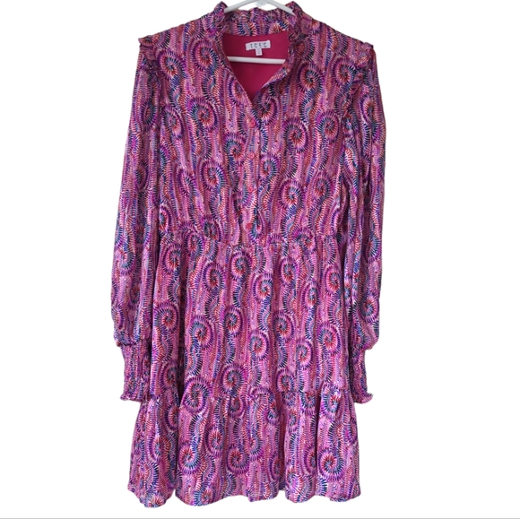 TCEC Abstract Ruffle Hem Mock Neck LIned Dress MEDIUM Purple Pink - Picture 4 of 15
